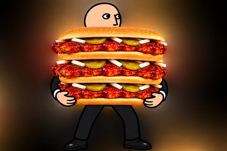 Stonks guy carrying a stack of three McRibs