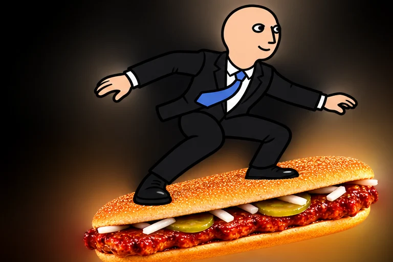 Stonks guy surfing on a McRib